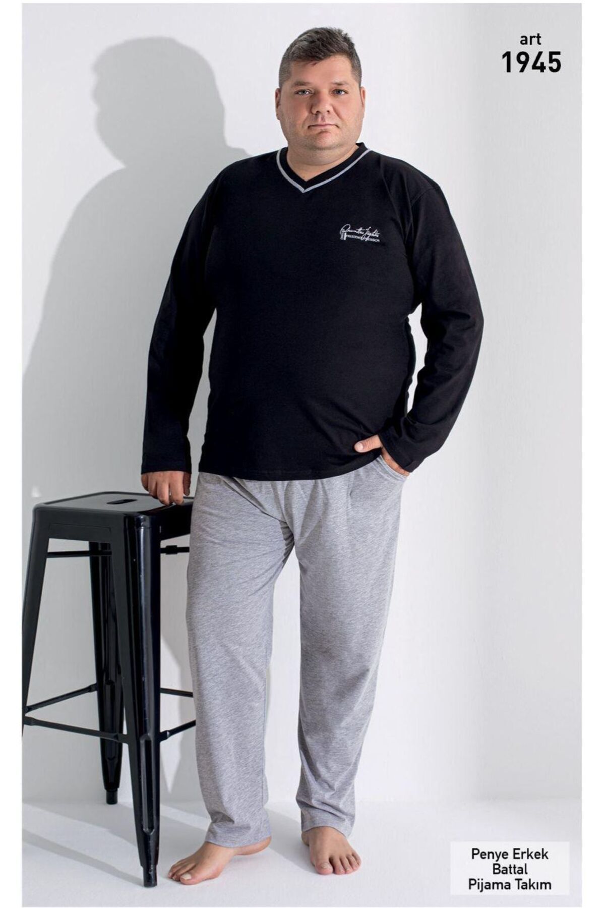 XORVİO Erkek Siyah Battal Uzun Kollu Pantolon Mevsimlik Cepli % 100 Pamuk Regular Büyük Beden Pijama Takım