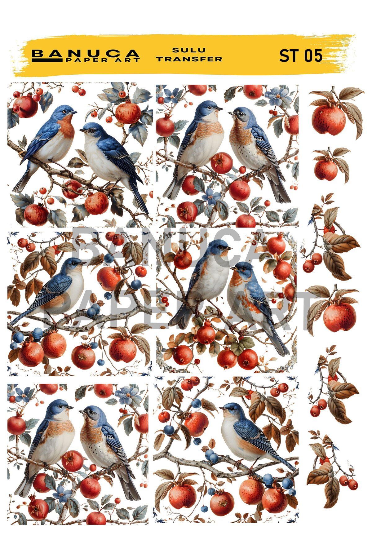 Banuca Paper Art ST5 Dal Üstünde Kuş Desenli, Çoklu, Açık Zemin Sulu Transfer 25*35 cm