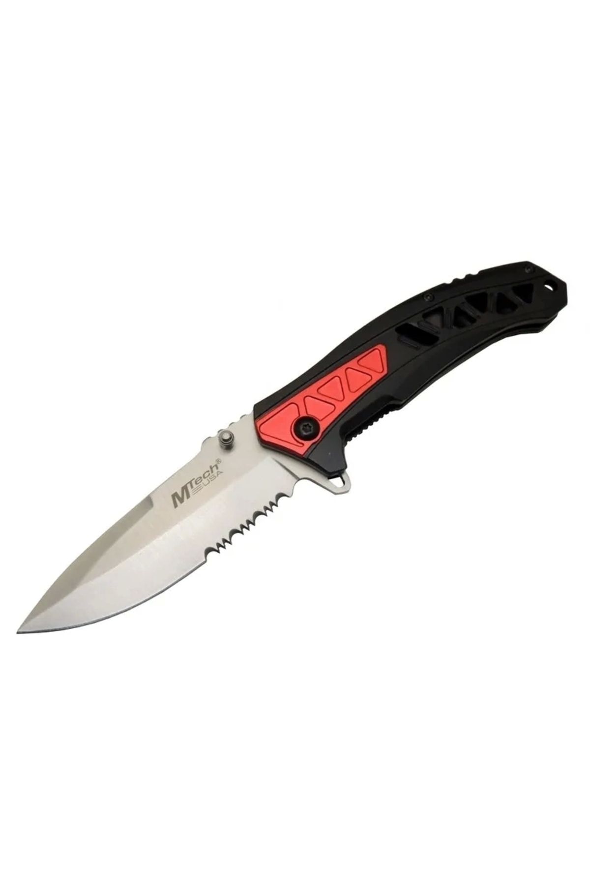 ÇERÇİCİ 4192 Kırmızı Kamp Çakı 21cm - Yarı Otomatik, Kemerlikli, Testere Detaylı, Desenli Sap