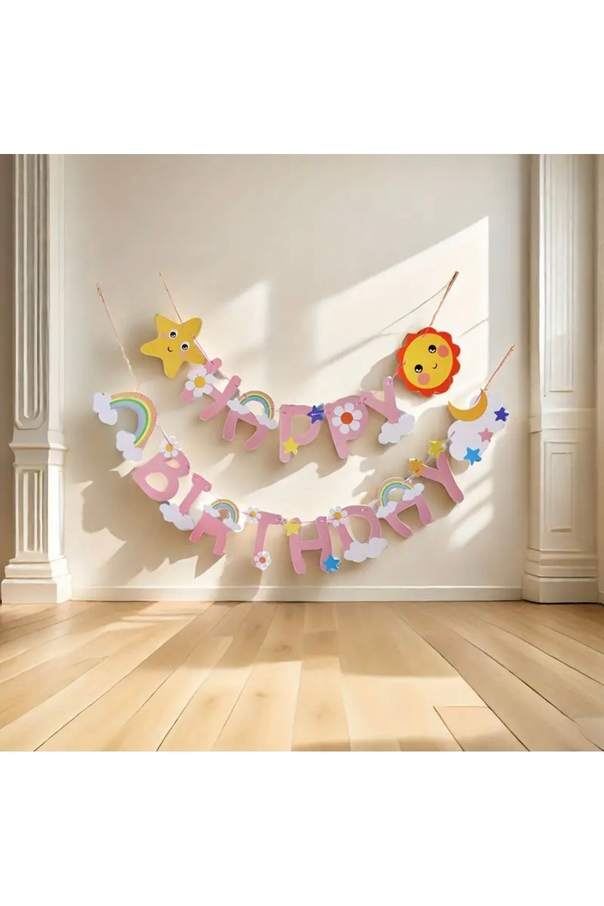 Home Happy Birthday yazısı, Gökkuşağı temalı, figürlü pembe doğum günü yazısı