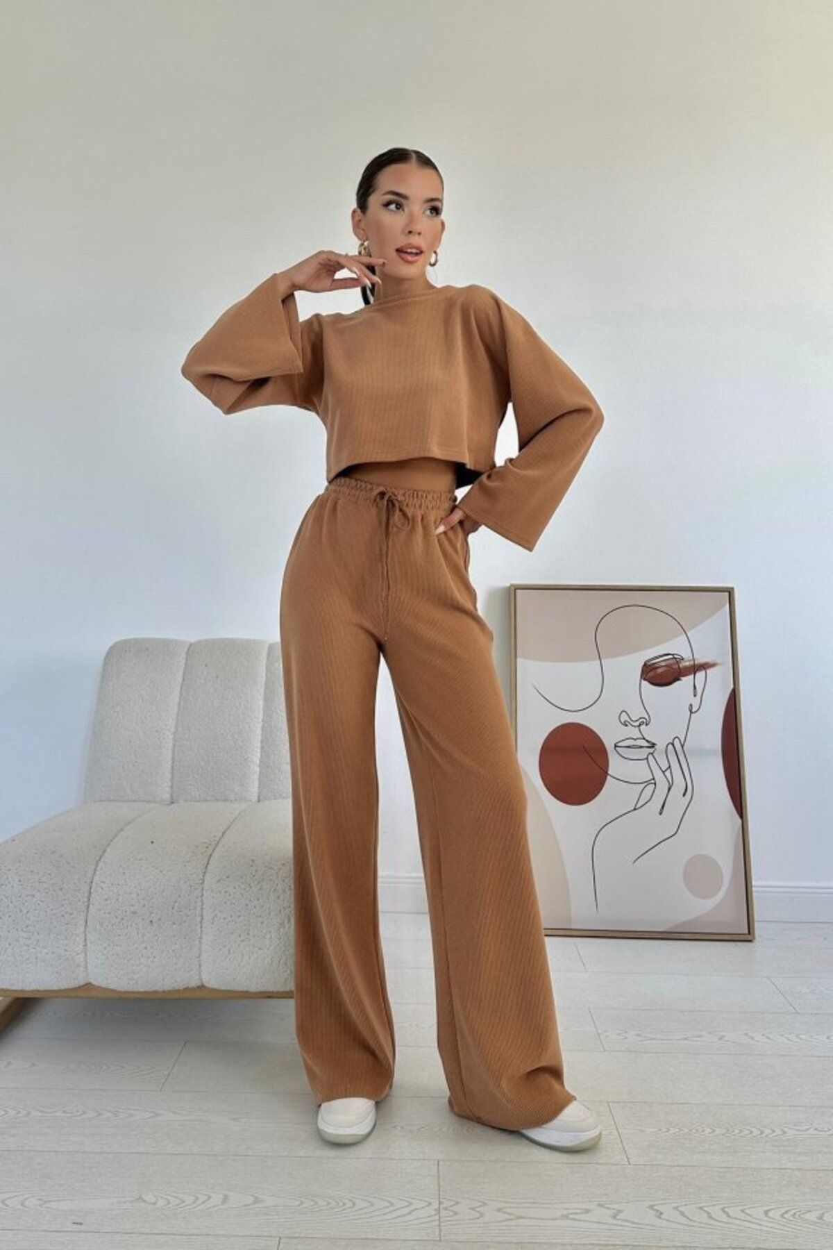 Miracle Omni Camel Fitilli Bluz Ve Pantolon Takım