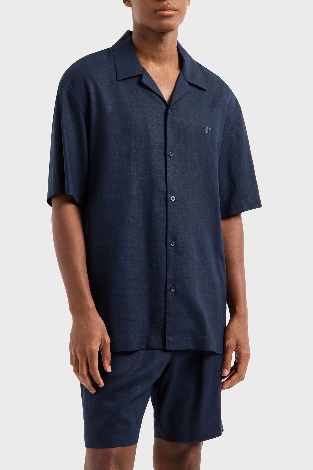 Emporio Armani Keten Karışımlı Regular Fit Kısa Kollu Apaş Yaka Gömlek Erkek GÖMLEK EM000593 AF12356