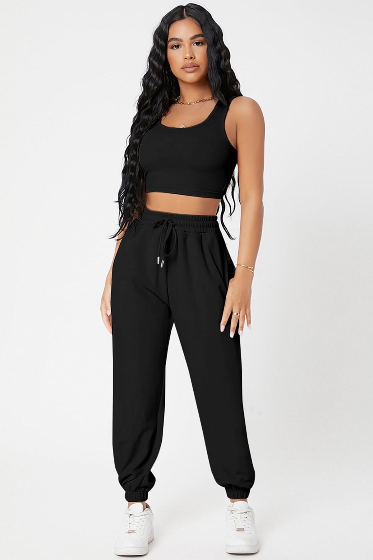 Moda Şahsenem Kadın Siyah Kaşkorse Cepli Jogger Eşofman Altı Ve Crop Top Bluz