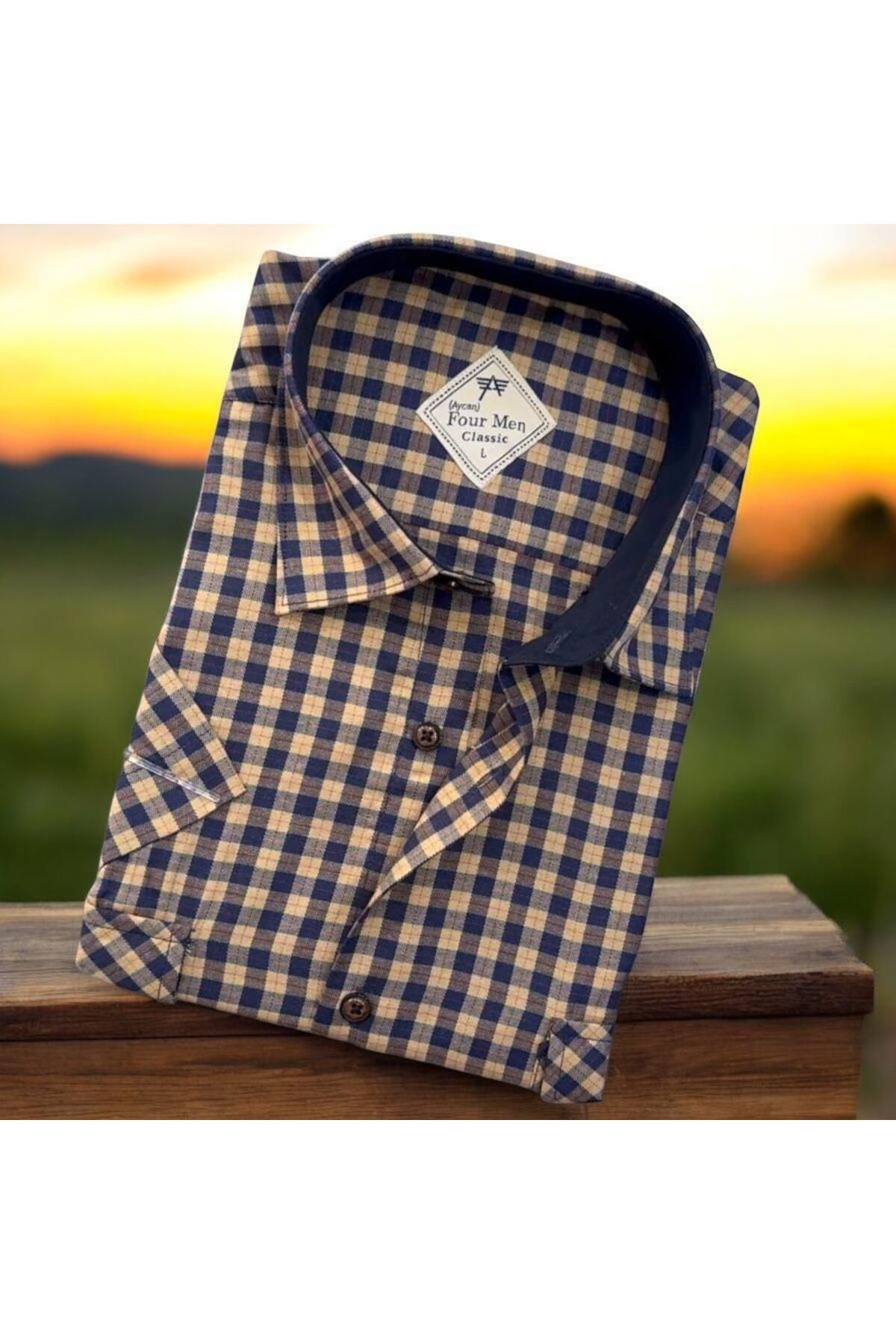 EREN STYLE Linen Keten 2 Cepli Kısa Kollu Krem Baba Gömleği (Regular Kalıp)