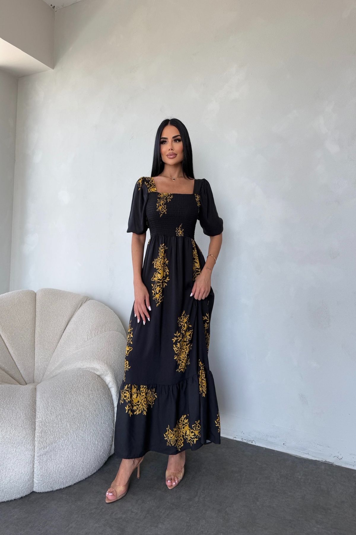 kamacibutik Kare Yaka Etnik Desenli Elbise (Standart Beden S/M/L/XL Uyumlu)