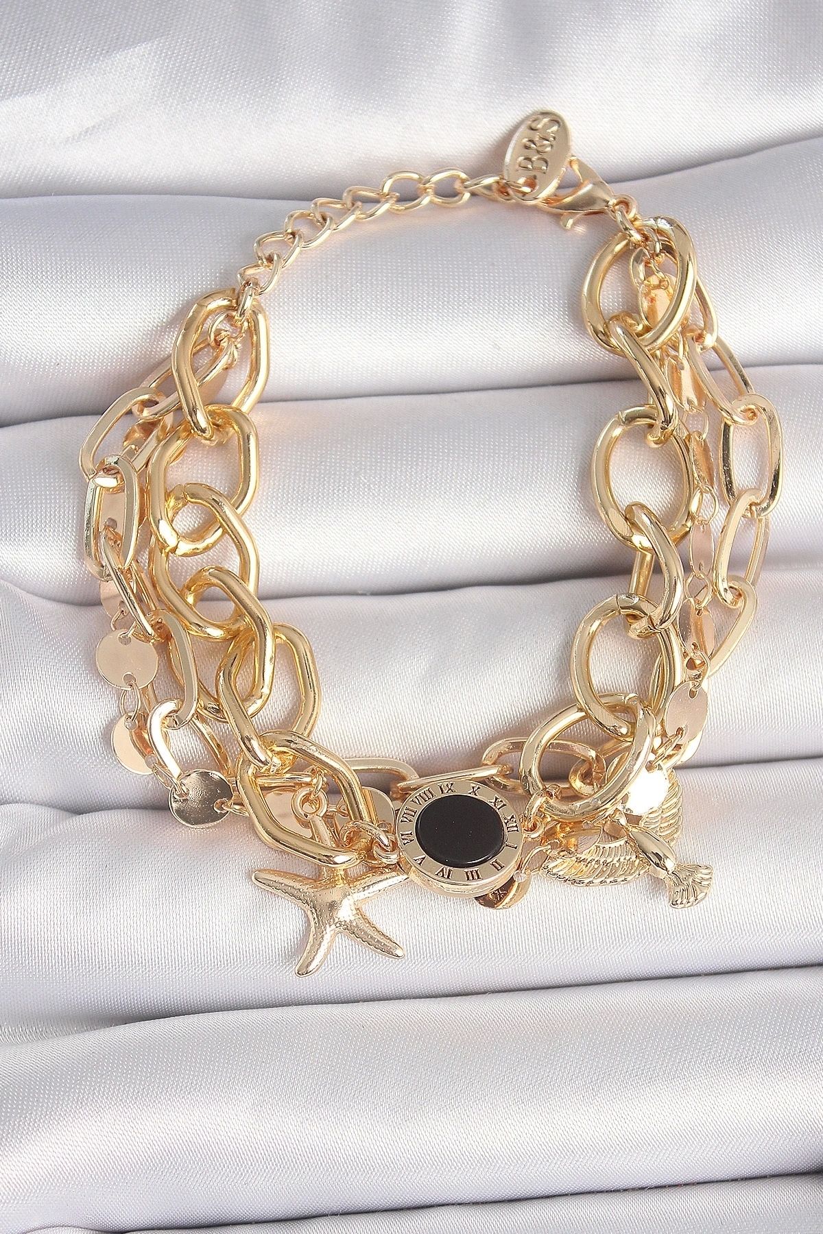 STOREMAX Pirinç Gold Renk Çoklu Zincir Model Deniz Yıldız Figür Kadın Bileklik
