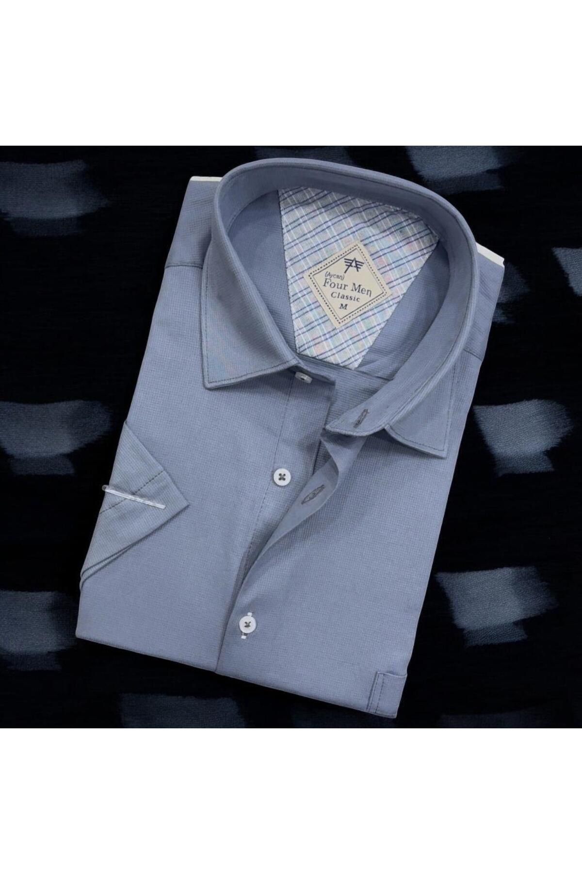 EREN STYLE Linen Keten Klasik Kısa Kollu Mavi Gömlek (Regular Kalıp)