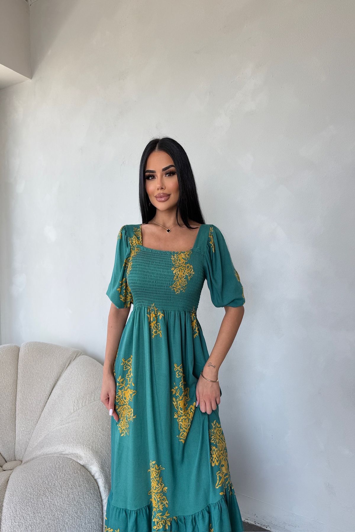 kamacibutik Kare Yaka Etnik Desenli Elbise (Standart Beden S/M/L/XL Uyumlu)