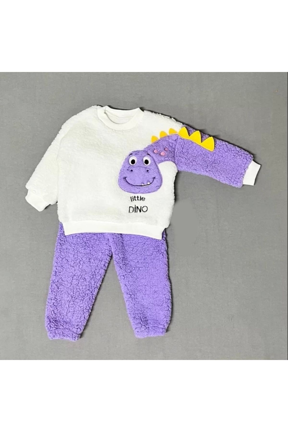 Moda Şahsenem 1-2-3 Yaş Minik Dino Kollu Kuzu Kumaş Sweat Pantolon Uzun Kollu Kız Erkek 2 Li Takımı Lila