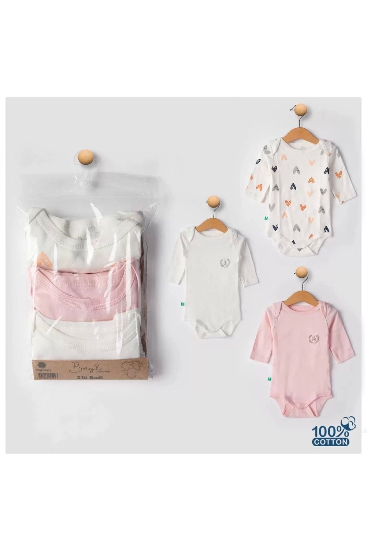Moda Şahsenem 3'lü Naturel Kalpki Bebek Badi Zıbın - Beyaz Pembe %100 Pamuk
