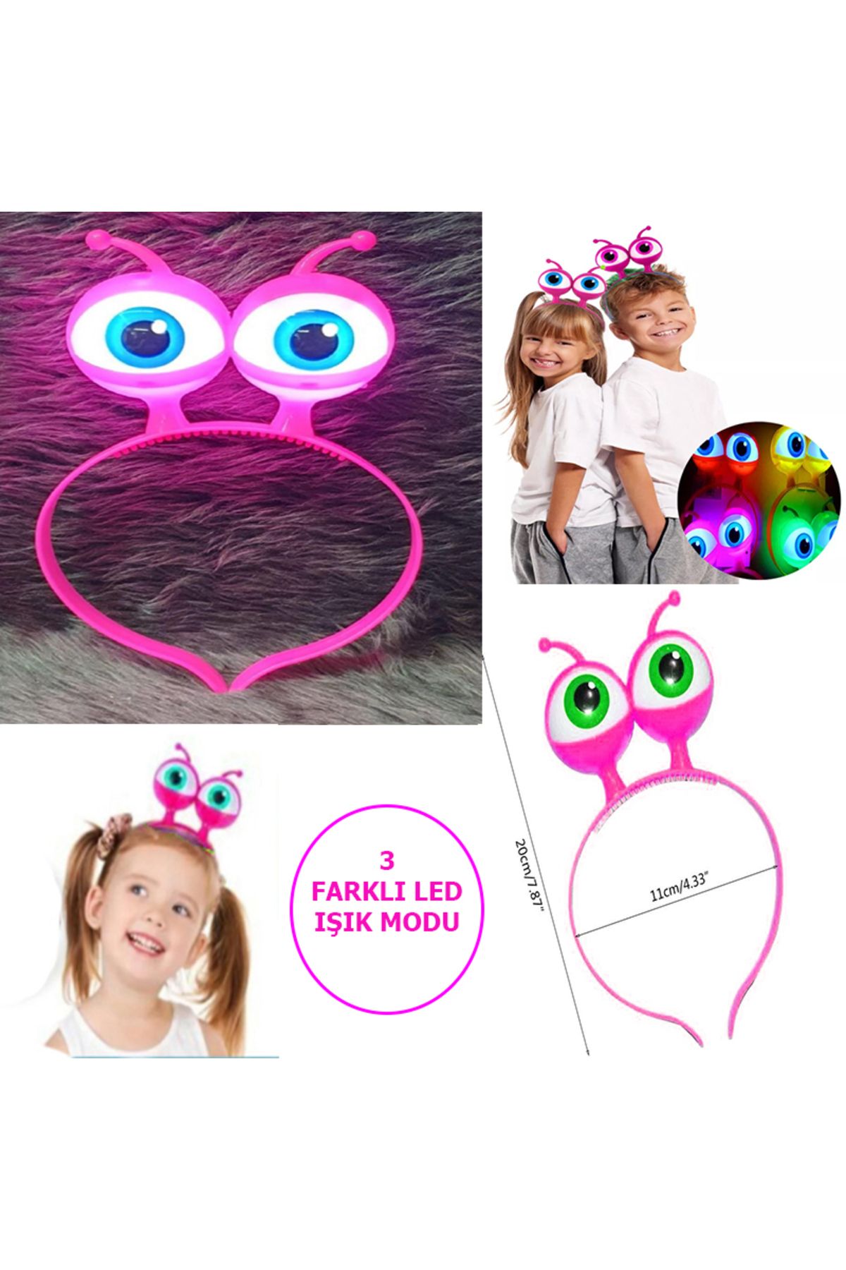 Avantaj Kapıda ® Led Işıklı 3 Farklı & Pilli Modda Yanan Uzaylı Göz Parti Tacı Pembe Renk 18x12 cm