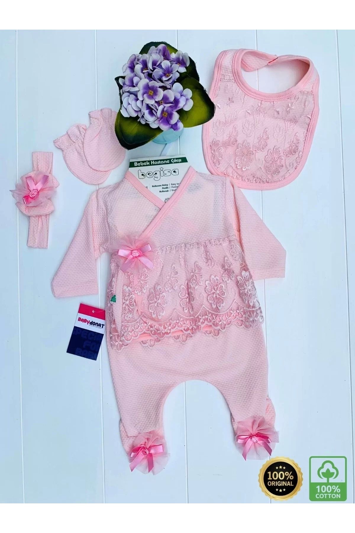Moda Şahsenem Dantel Desenli 0-3 Ay Hastane Çıkışı Seti %100 Pamuk