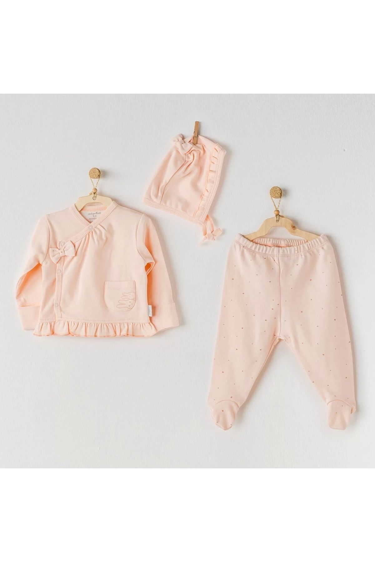 Moda Şahsenem Hiding Rabbits 3 Parça Bebe Zıbın Takımı Salmon
