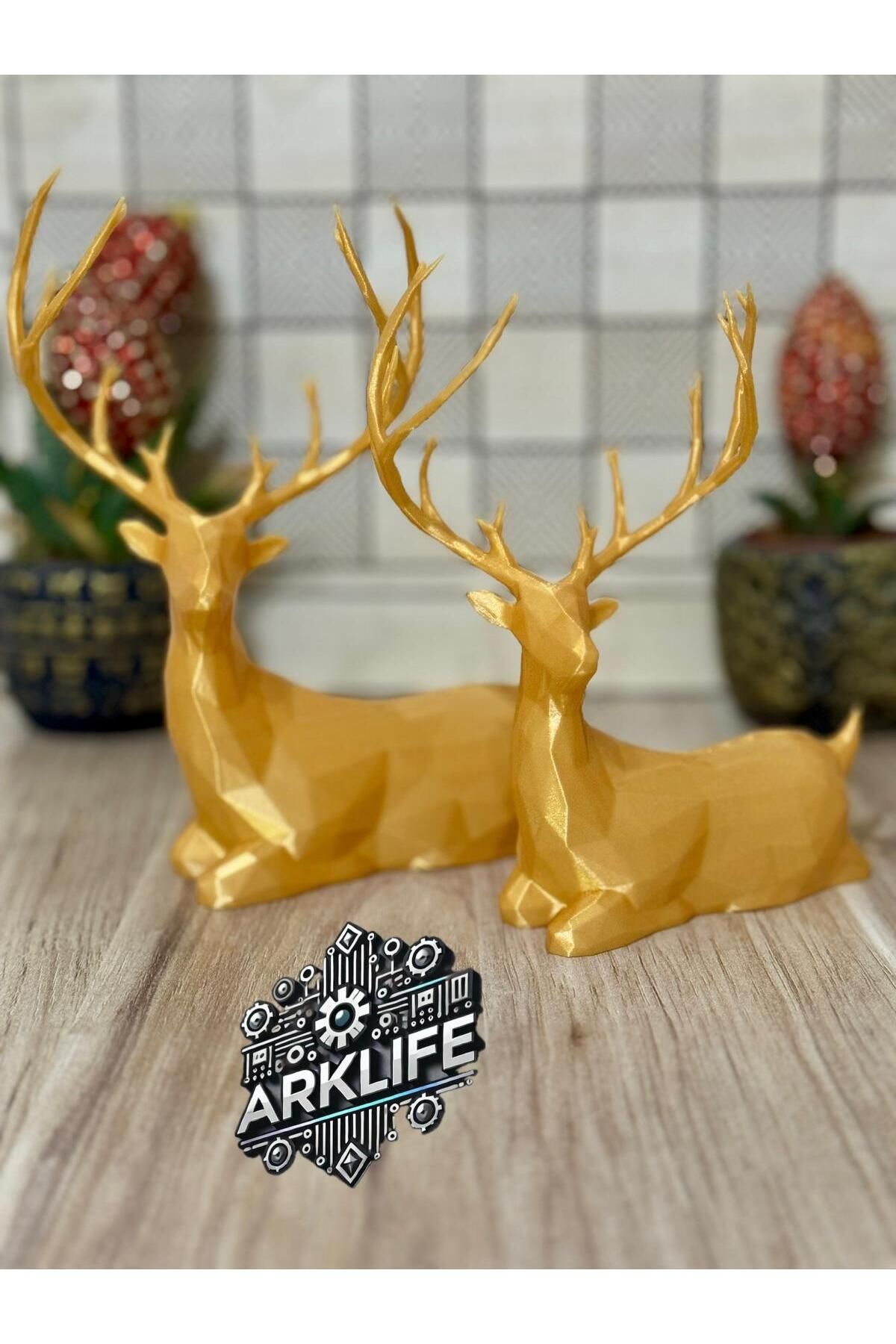 ARKlife 3D Electronic Antik Gold 2'li Geometrik Geyik Ev & Ofis Şık Dekoratif Raf Süs Ve Hediyelik Biblo Seti Çift Figürü