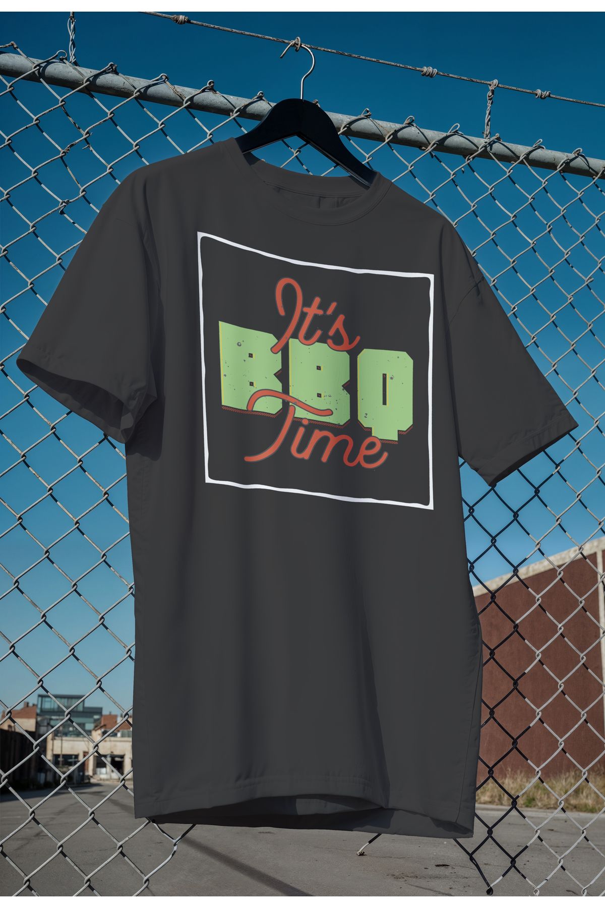 mooodcase Unisex Oversize Siyah T-Shirt Bisiklet Yaka Kısa Kollu Pamuklu BBQ Time Desenli