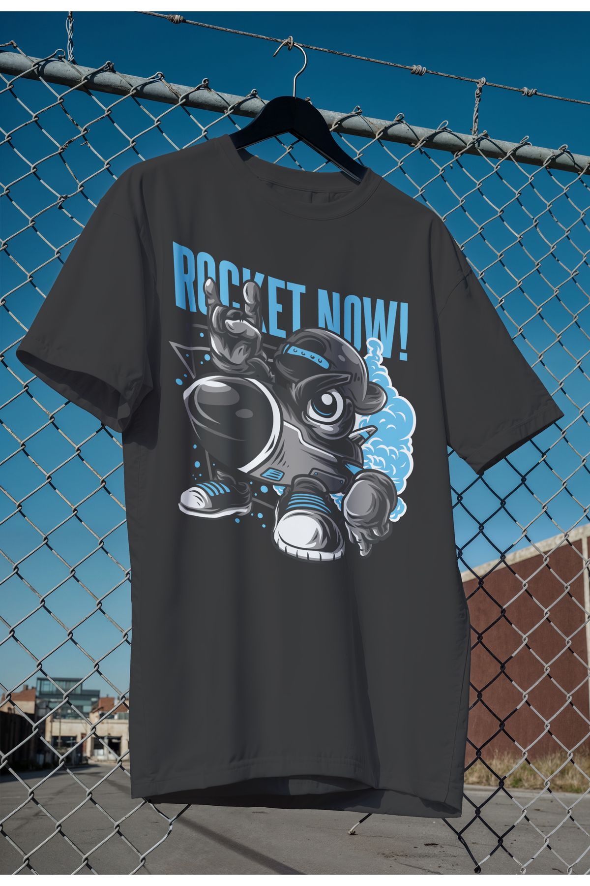 mooodcase Unisex Oversize Siyah T-Shirt Bisiklet Yaka Kısa Kollu Pamuklu Rocket Now Desenli