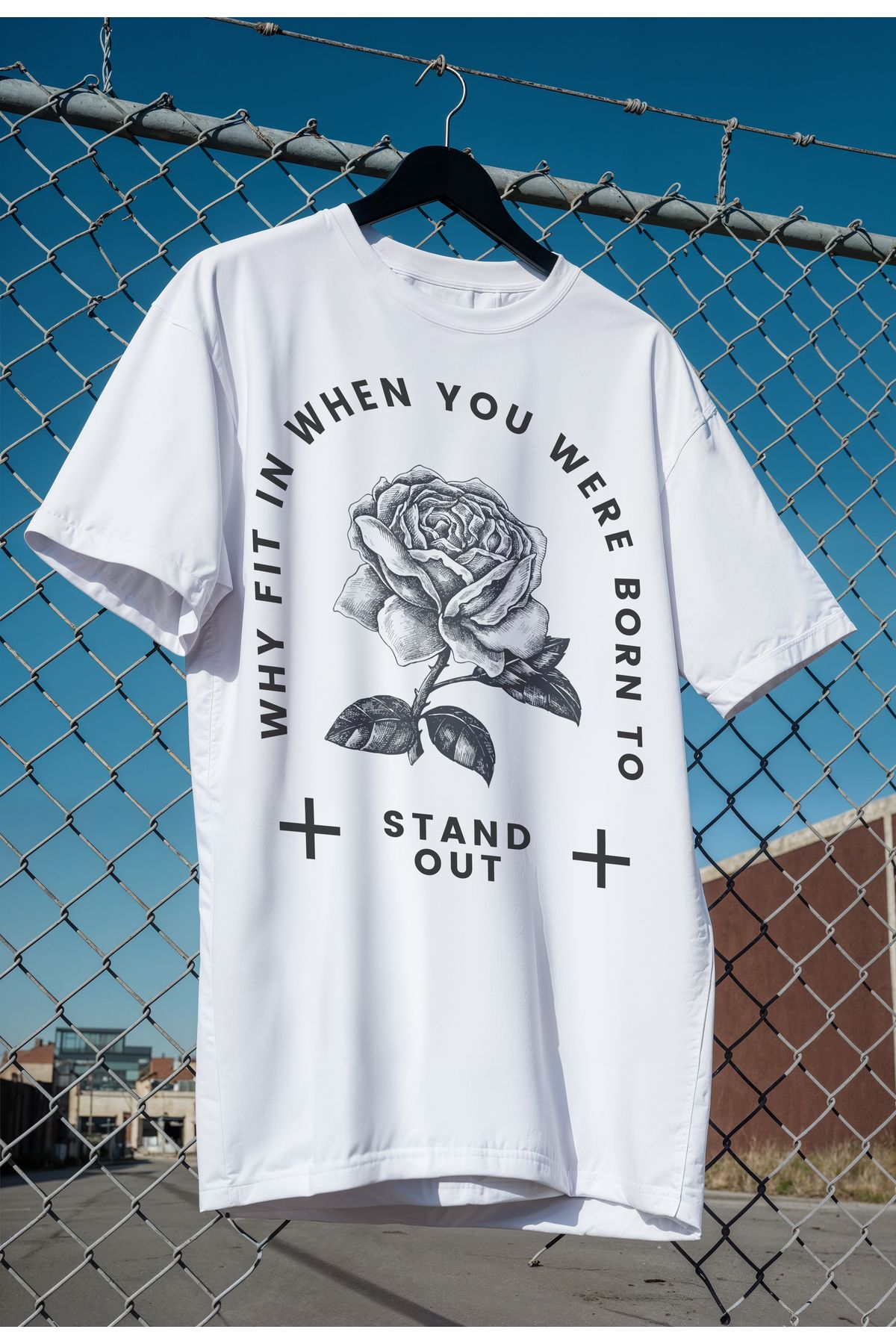 mooodcase Unisex Oversize Beyaz T-Shirt Bisiklet Yaka Kısa Kollu Pamuklu Stand Out Desenli