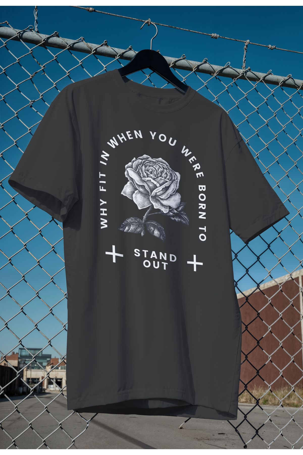 mooodcase Unisex Oversize Siyah T-Shirt Bisiklet Yaka Kısa Kollu Pamuklu Stand Out Desenli
