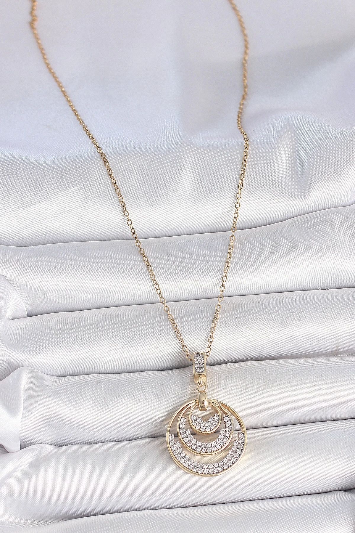 bamido 316l Çelik Gold Renk Zirkon Taşlı Madalyon Model Kadın Kolye - Bamido