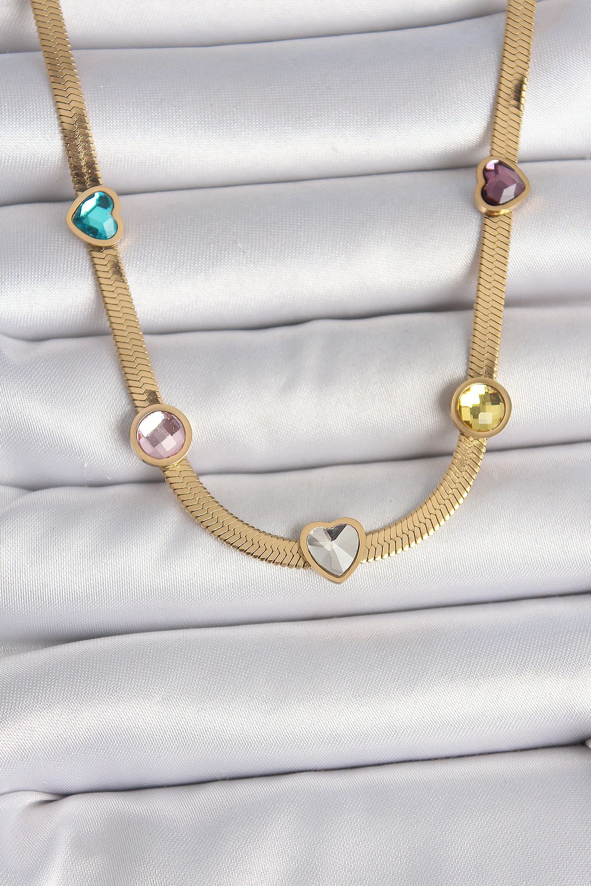 callerrons accessories Gold Renk İtalyan Zincir Renkli Zirkon Taşlı Kalp Figür Kadın Kolye - EBJ250510W33781