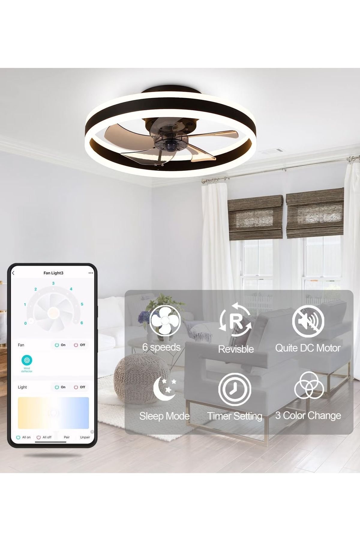 FlashHawk-Ceiling Fan with Light, with Remote Control, 6 Speeds Adjustable, Flush Mount Ceiling Fan 50*16.5CM 2