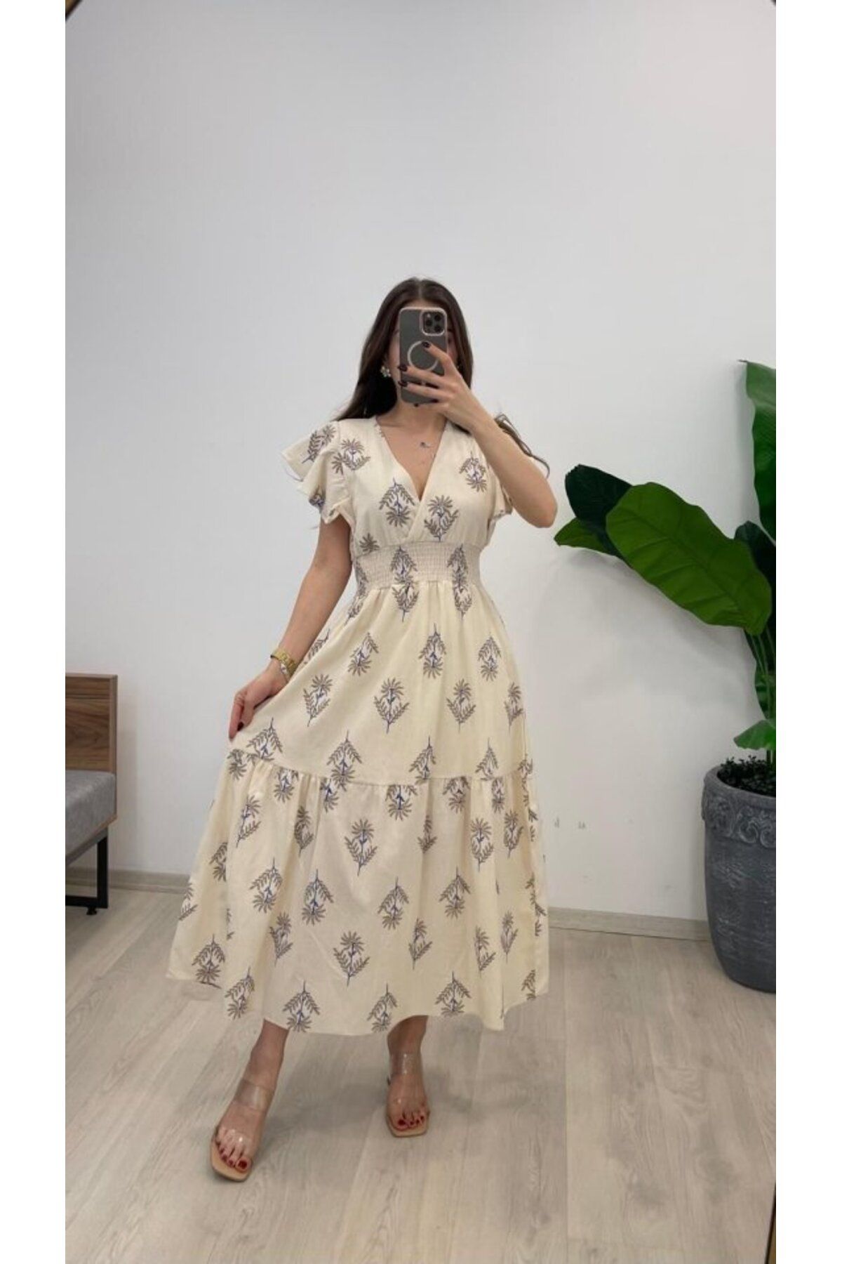 velmorafashion Kadın Keten Kumaş Beli Gipeli V Yaka Maxi Boy Elbise