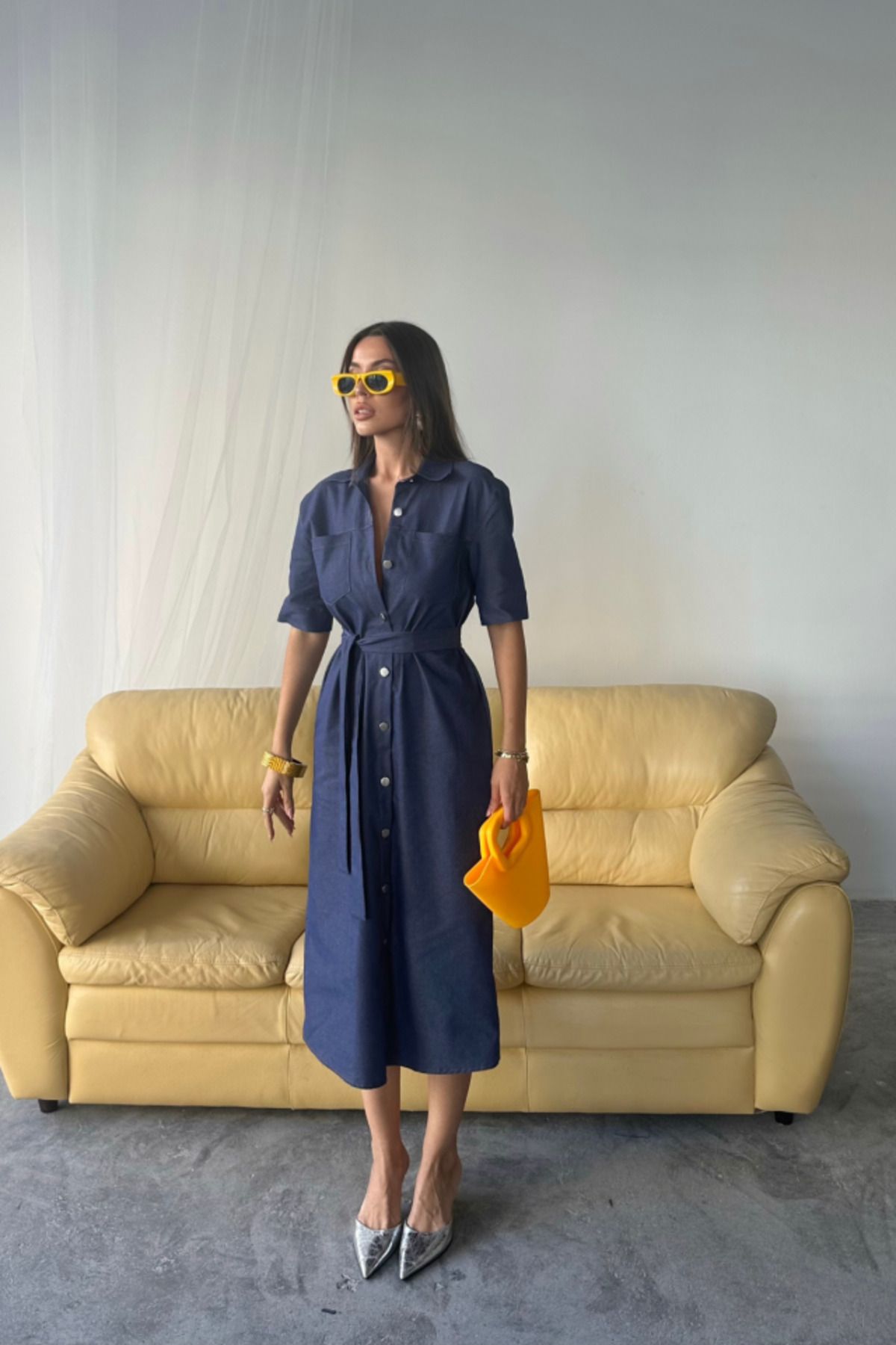 velmorafashion ÖNDEN DÜĞMELİ KISA KOL ELBİSE - Mavi