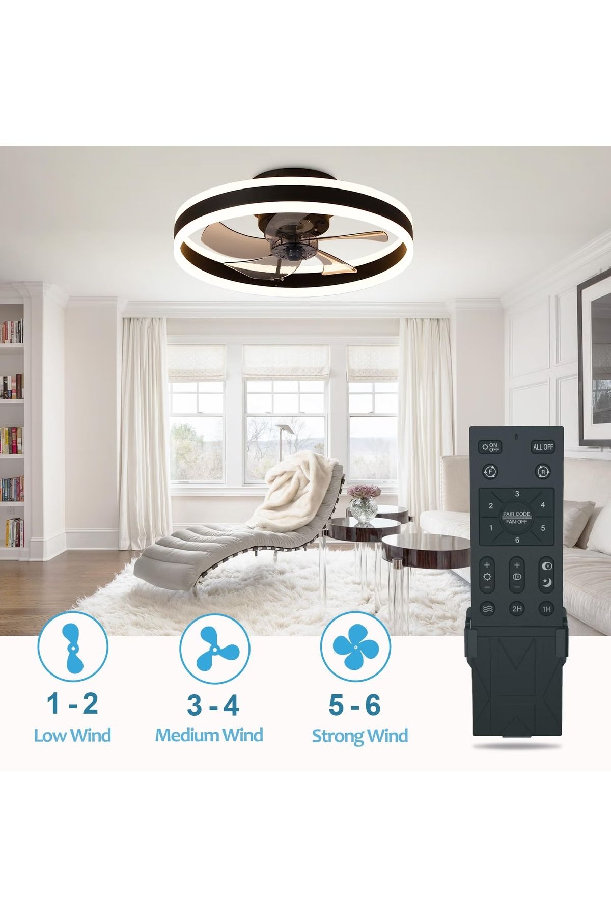 FlashHawk-Ceiling Fan with Light, Oscillating Fan, 6 Speeds Adjustable, Flush Mount Ceiling Fan 50 * 22CM 2