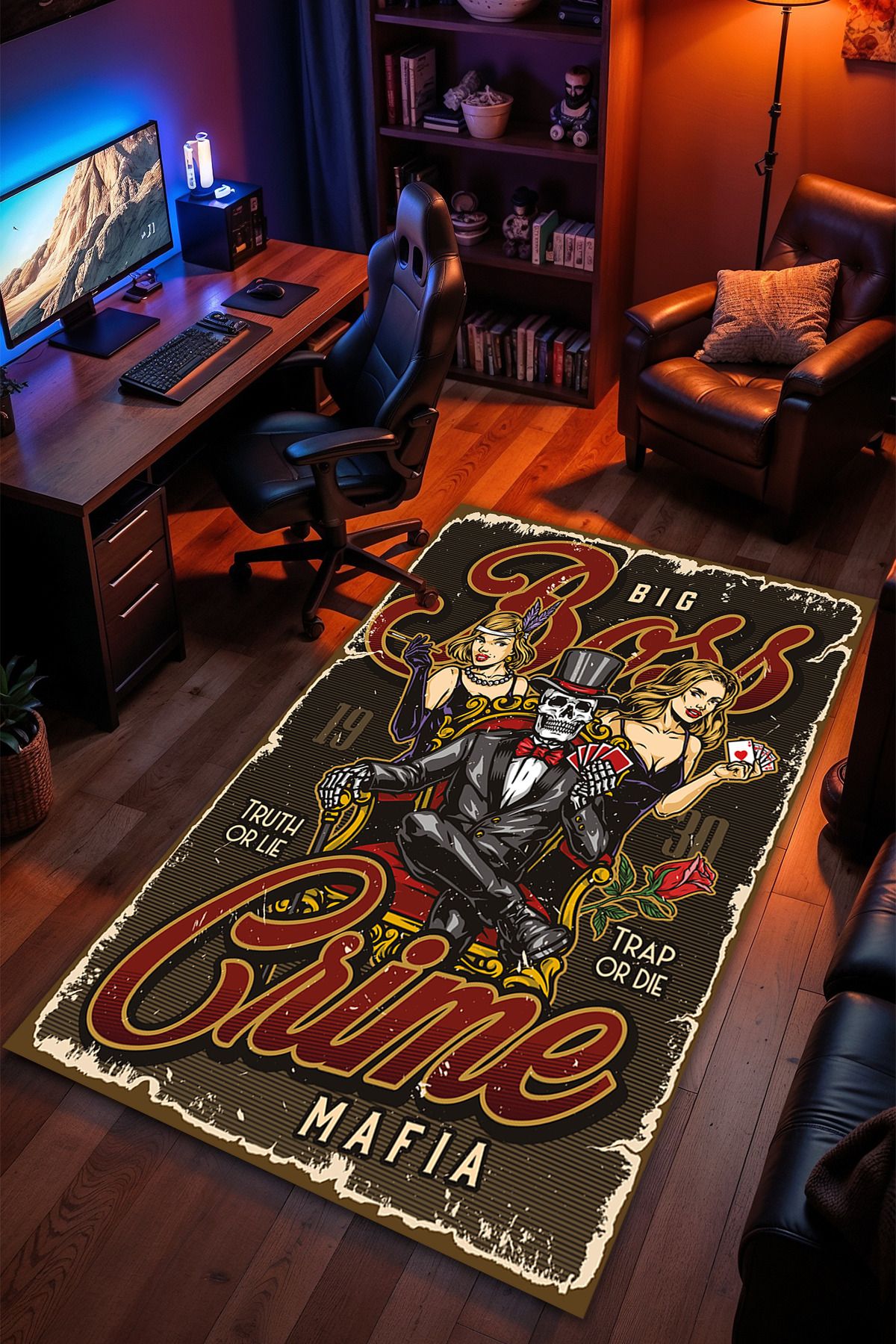 Charmbi Mafia Boss Desenli Kaymaz Taban Makinede Yıkanabilir Gaming Oyuncu Gamer Genç Odası Halısı