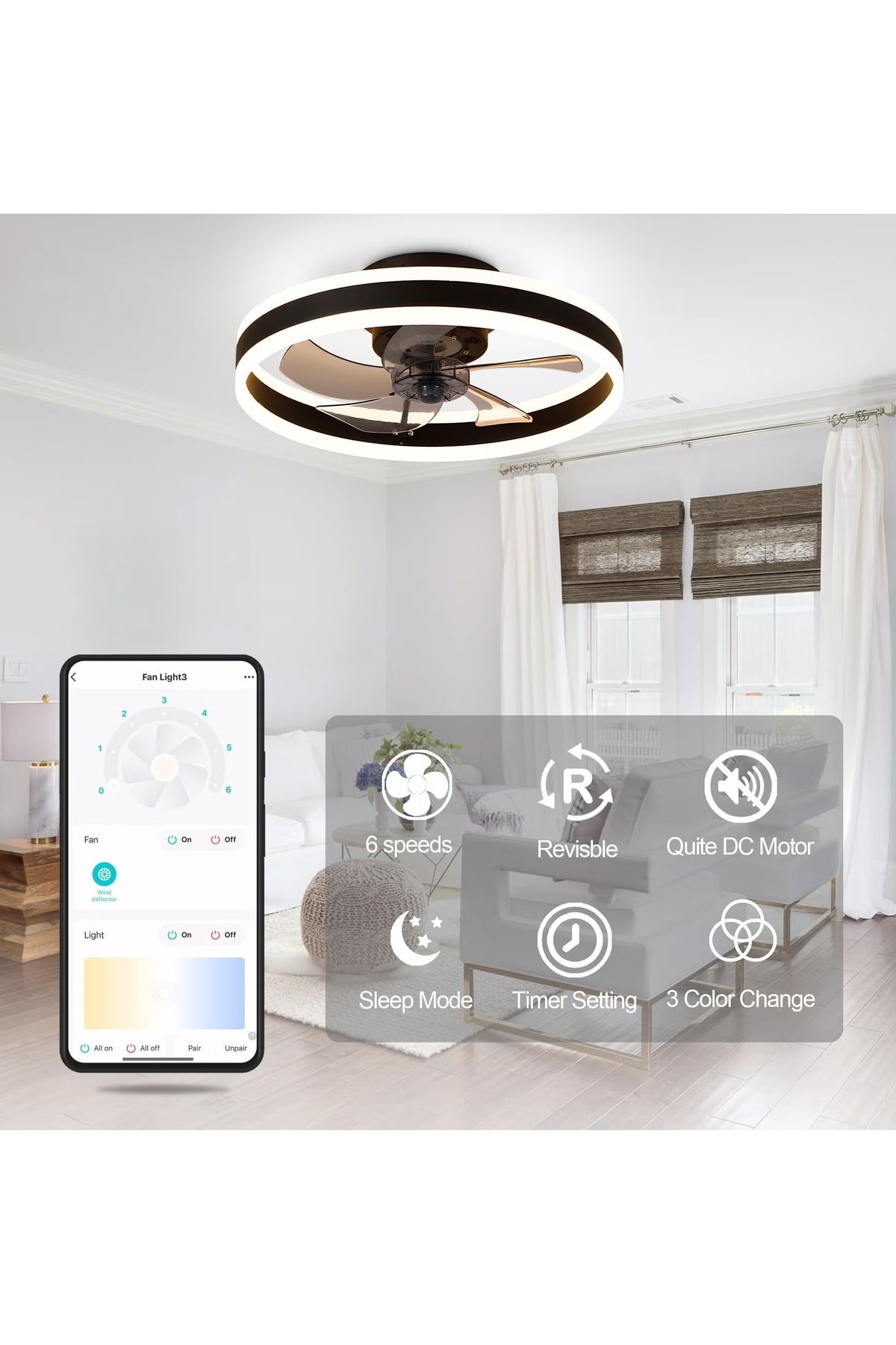 FlashHawk-Ceiling Fan with Light, Oscillating Fan, 6 Speeds Adjustable, Flush Mount Ceiling Fan 50 * 22CM 3