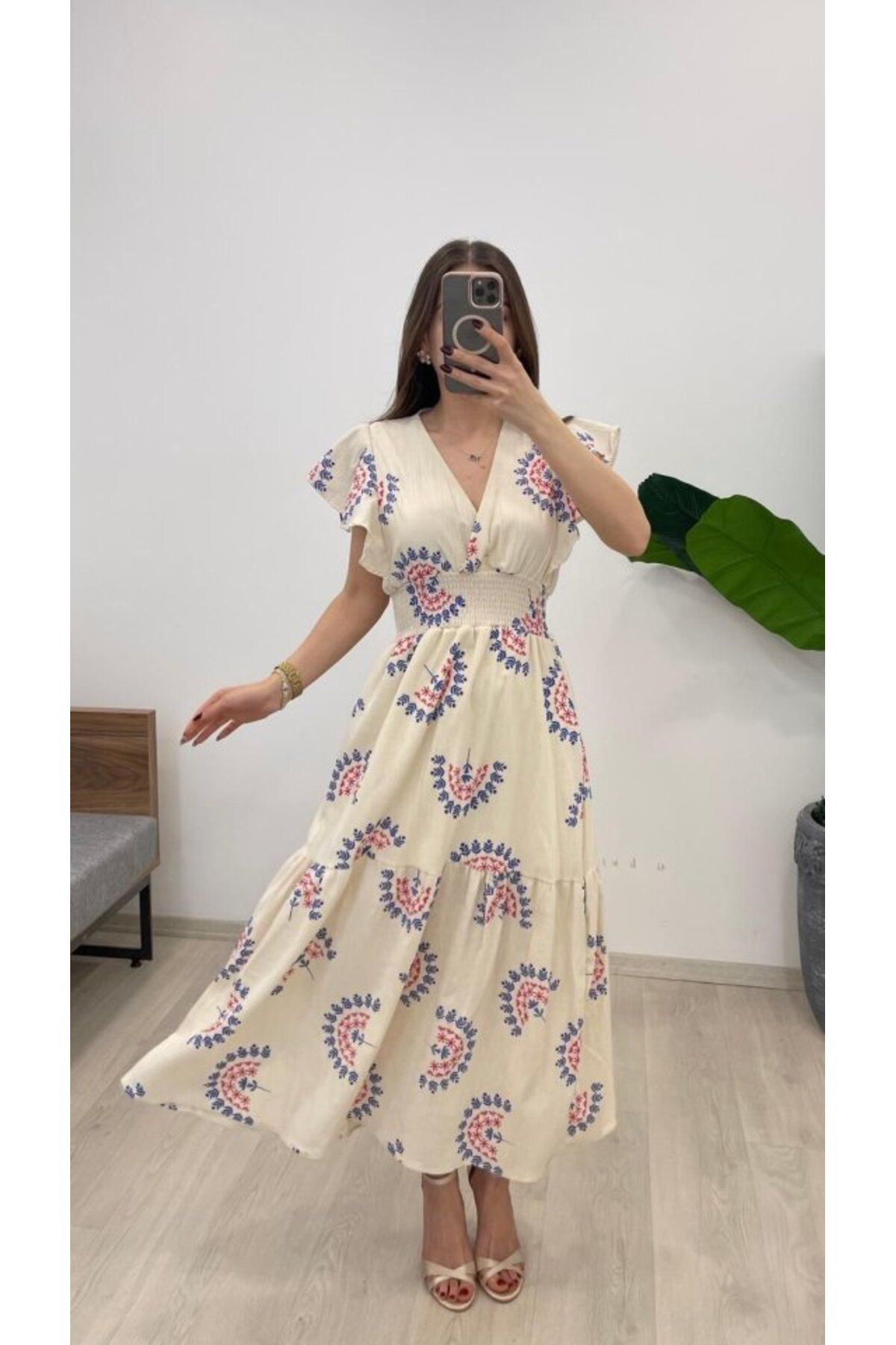 velmorafashion Kadın Keten Kumaş Beli Gipeli V Yaka Maxi Boy Elbise