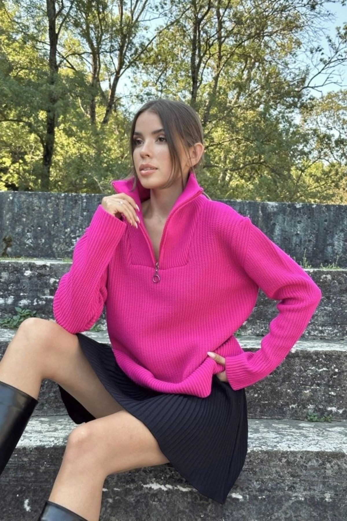 nedo7 Fuşya Fermuarlı Ve Boğazlı Triko Kazak