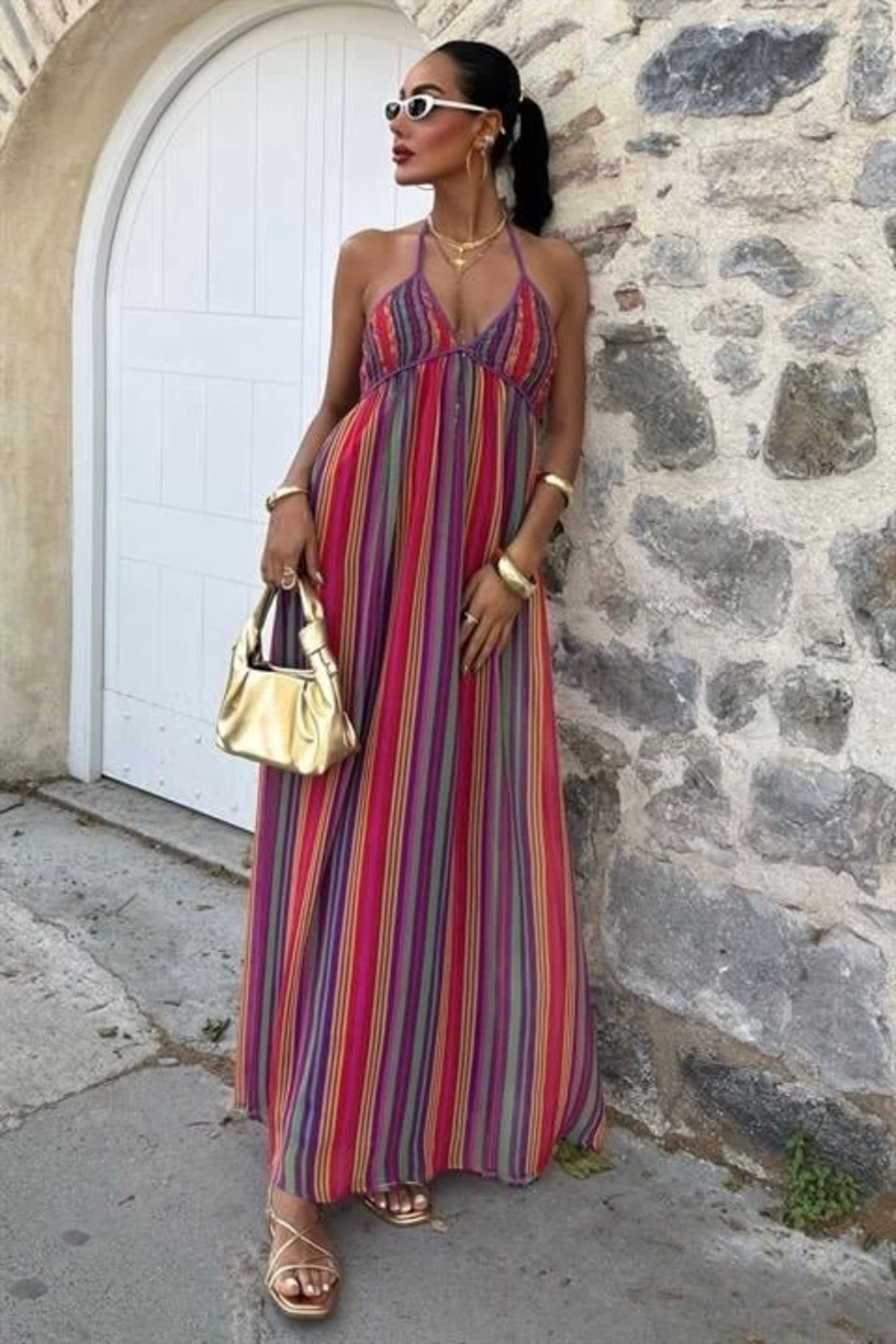 Butik Askılı Pile Detaylı Renkli Maxi Elbise 2748