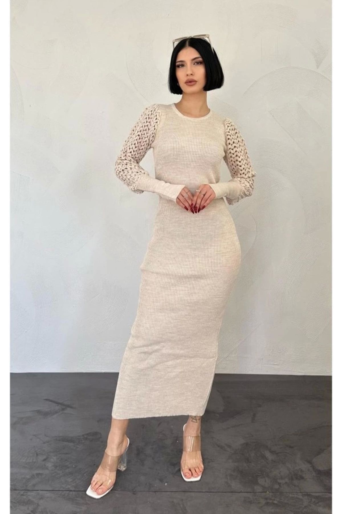 nedo7 Taş Kolları Örgülü Triko Elbise