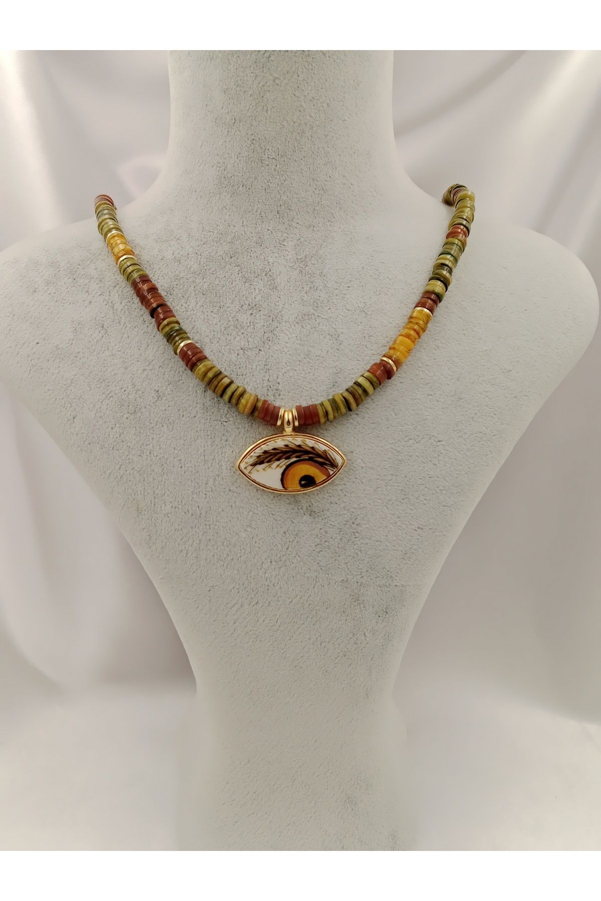 Joyful Accessories By Neşe San Kahverengi ve Yeşil Tonlarda Disk Evil Eye Seramik Göz Tasarım Kolye
