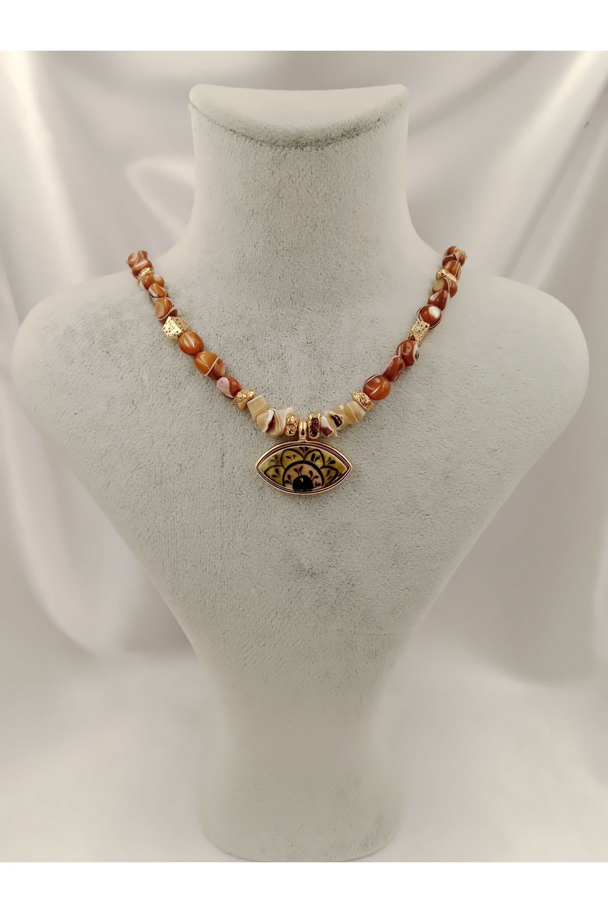Joyful Accessories By Neşe San Kahverengi ve Yeşil Tonlarda Amorf Evil Eye Seramik Göz Tasarım Kolye