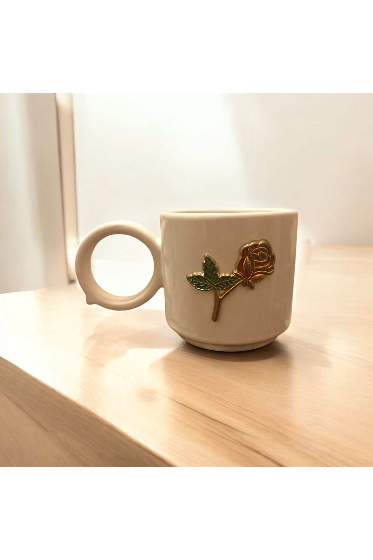 Giftorium Group Yuvarlak Kulplu Gül Motifli Kupa Bardak Mug 200 Ml