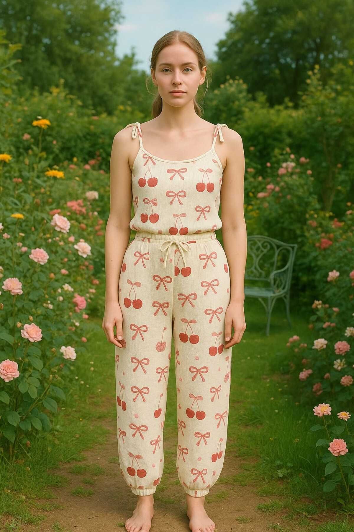 PEMBİŞ HOMEWEAR Bürümcük Kirazlı 2 Parça Atlet ve Şalvar Pijama Takımı