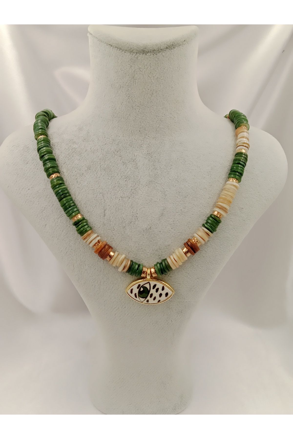 Joyful Accessories By Neşe San Kahverengi ve Yeşil Tonlarda Disk Evil Eye Seramik Göz Tasarım Kolye