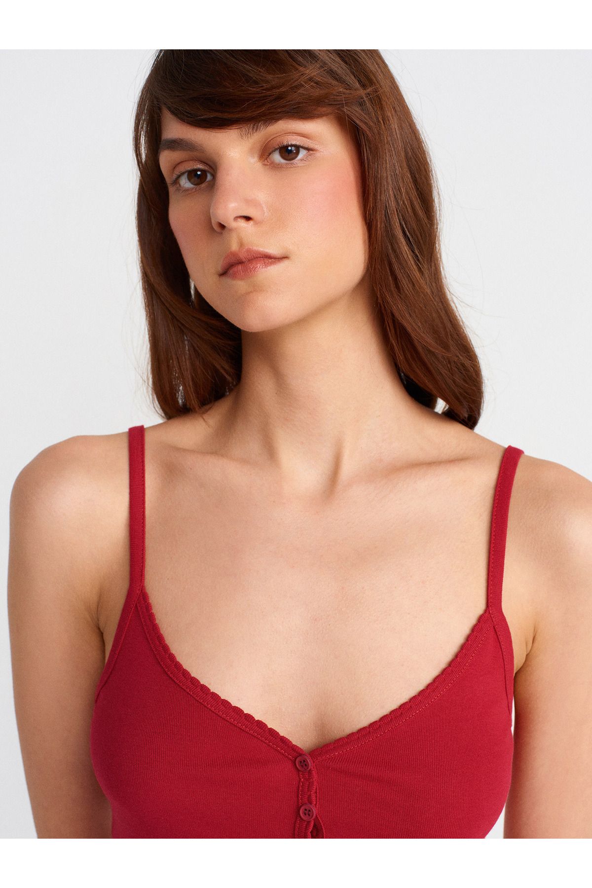 Dilvin-21008 Buttoned Strap Top-Red 3
