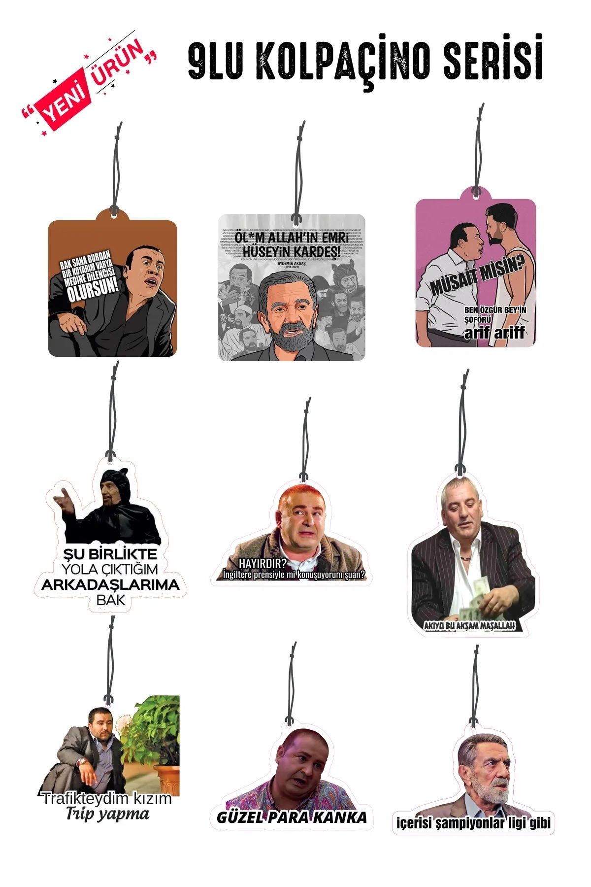 Meröka 9 lu Yeni Kolpaçino Serisi Görselli Dekoratif Oto Kokusu ve Aksesuar Seti