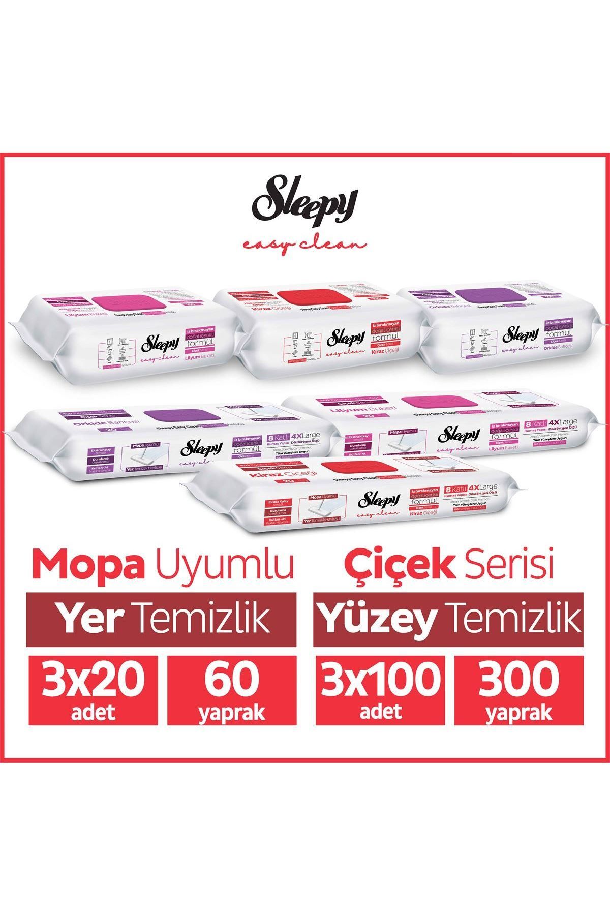 Sleepy Easy Clean Çiçek Serisi 3X100 Yüzey & 3X20 Yer Temizlik Havlusu&Mendili Karma Paket