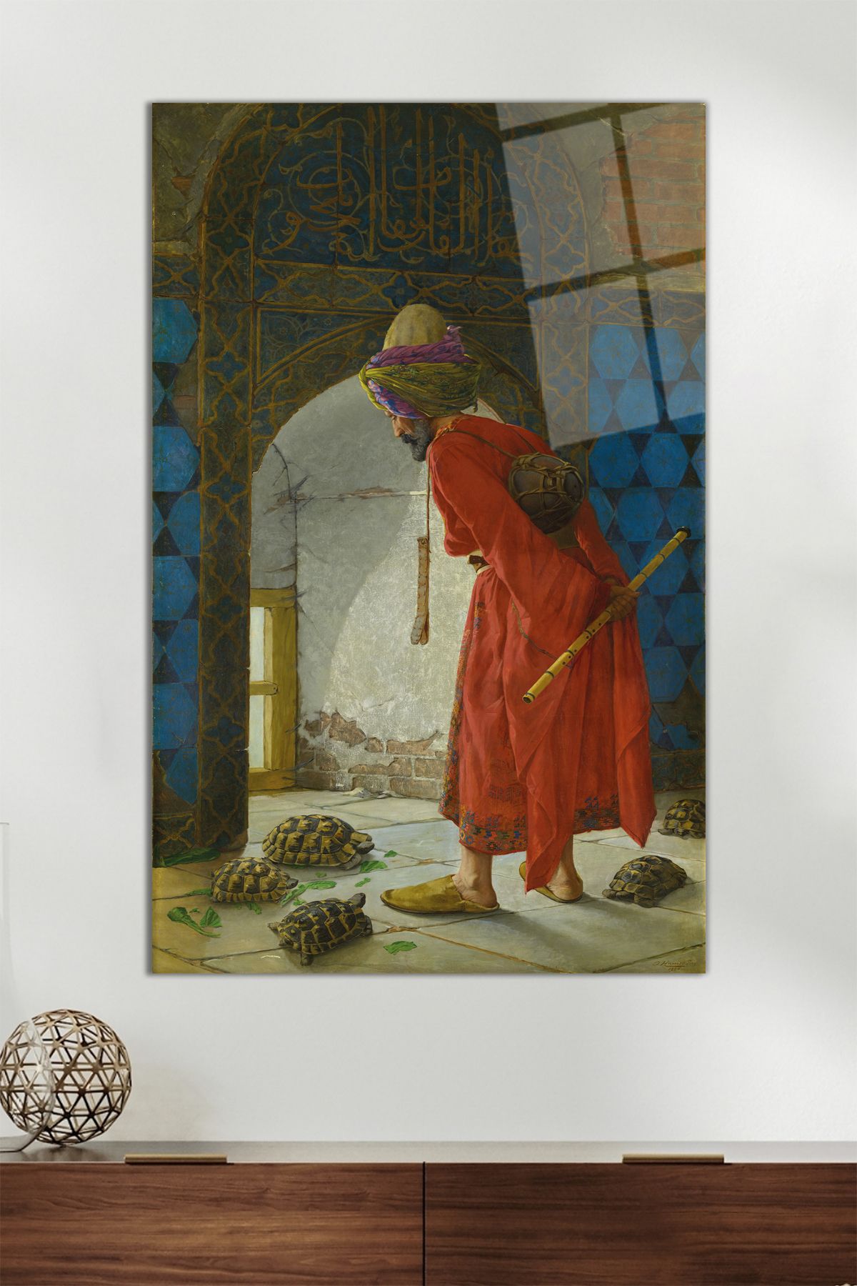 Vosevu Osman Hamdi Bey Kaplumbağa Terbiyecisi Dikey Cam Tablo, Modern Ev Dekoru Hediyelik Duvar Dekorasyonu