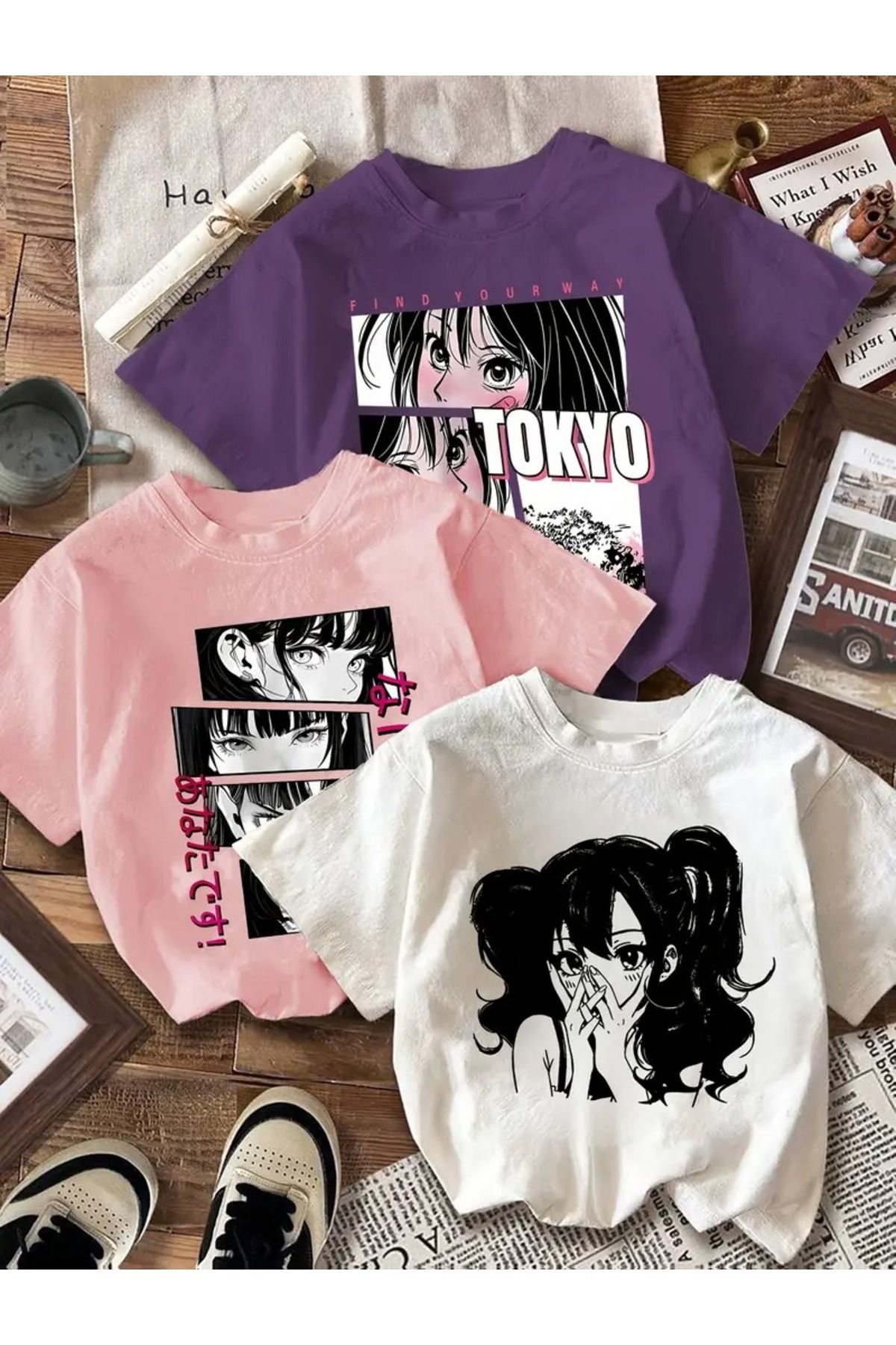aynewmoda Kadın Tişörtü Anime Karikatür Çıkartmalar Havalı Kızlar Grafik Baskı Kadın Tişörtü-tekli-