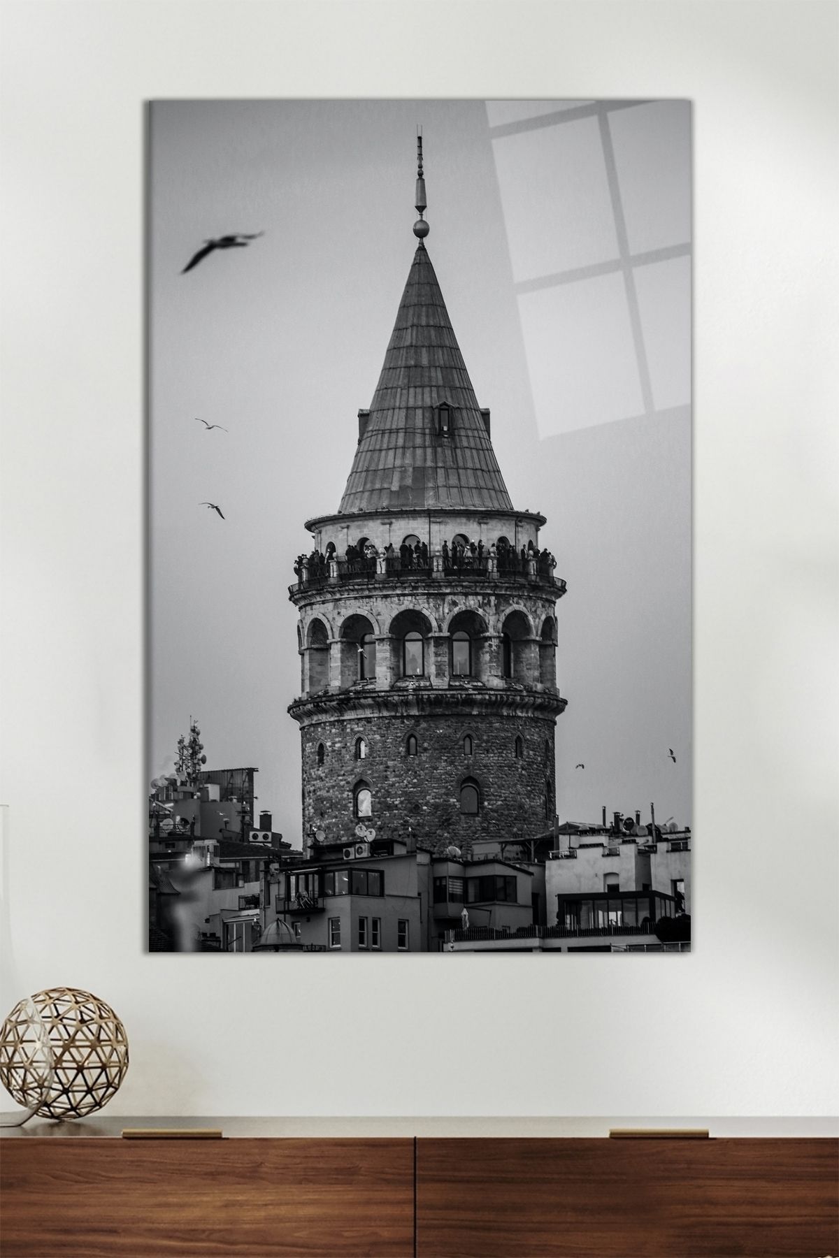 Vosevu Siyah Beyaz Galata Kulesi Dikey Cam Tablo, Modern Ev Dekoru Hediyelik Duvar Dekorasyonu Kırılmaz Cam