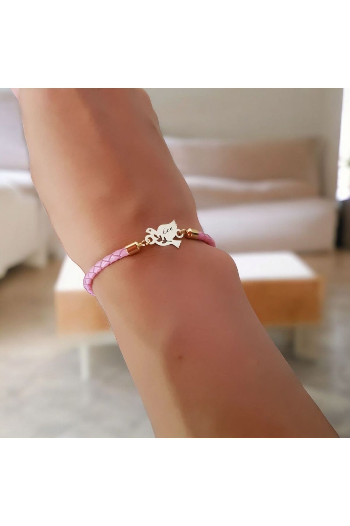ARCHINO GOLD Doğal Derili Kuş Motifli 14 Ayar Altın Plakalı Ece İsmine Özel Hediye Bilekliği-444isim-pembe