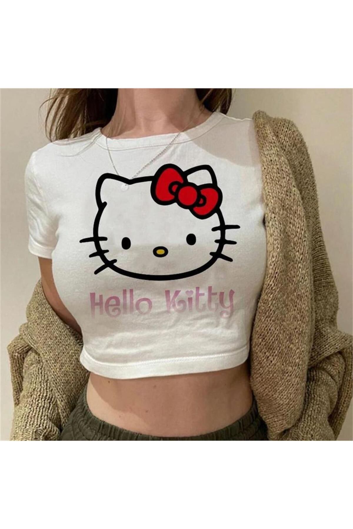 Karakedi Beyaz Hello Kitty Cat Face Kısa Kollu Crop