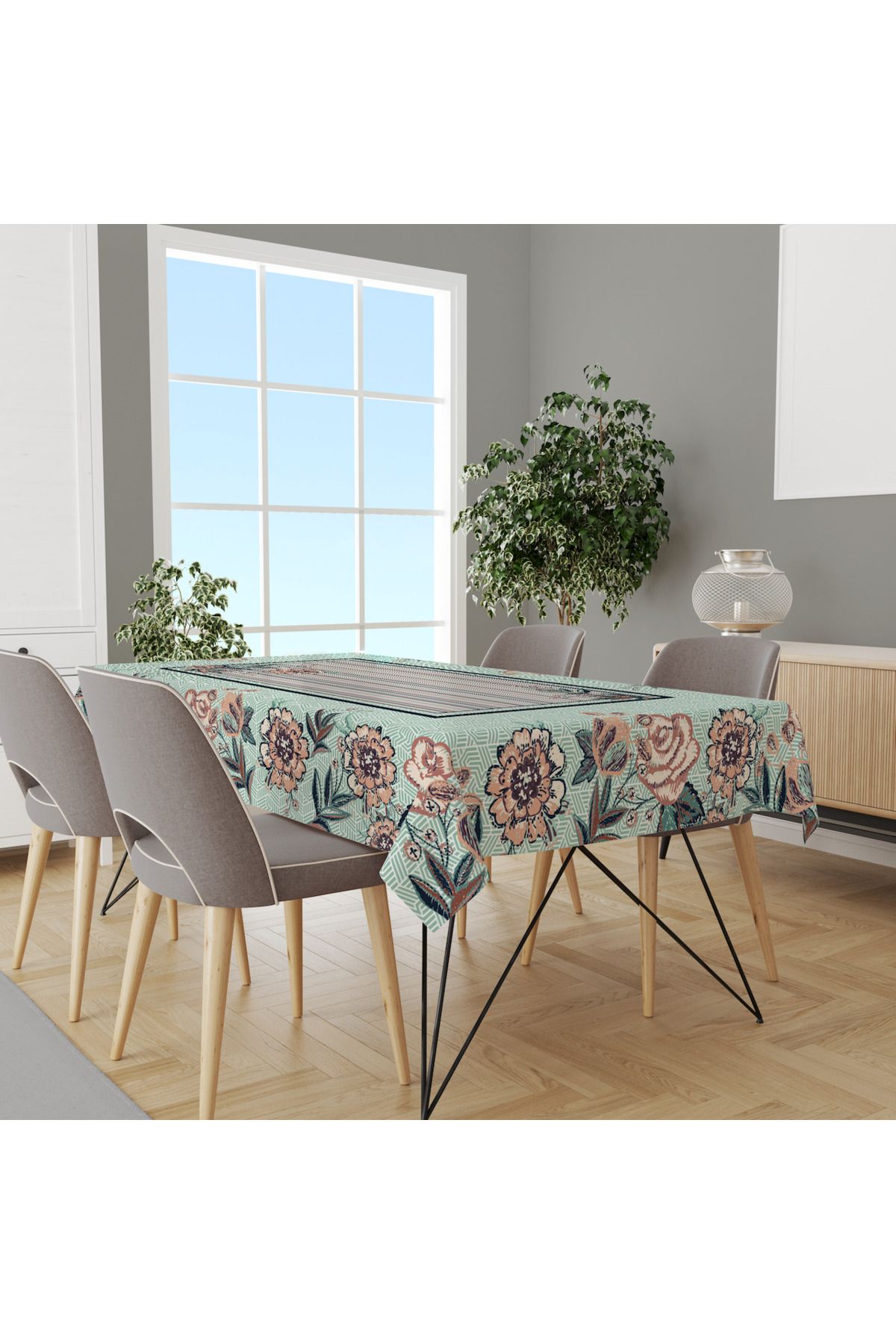 Home Yeşil Geometrik Çiçek Desenli Masa Örtüsü