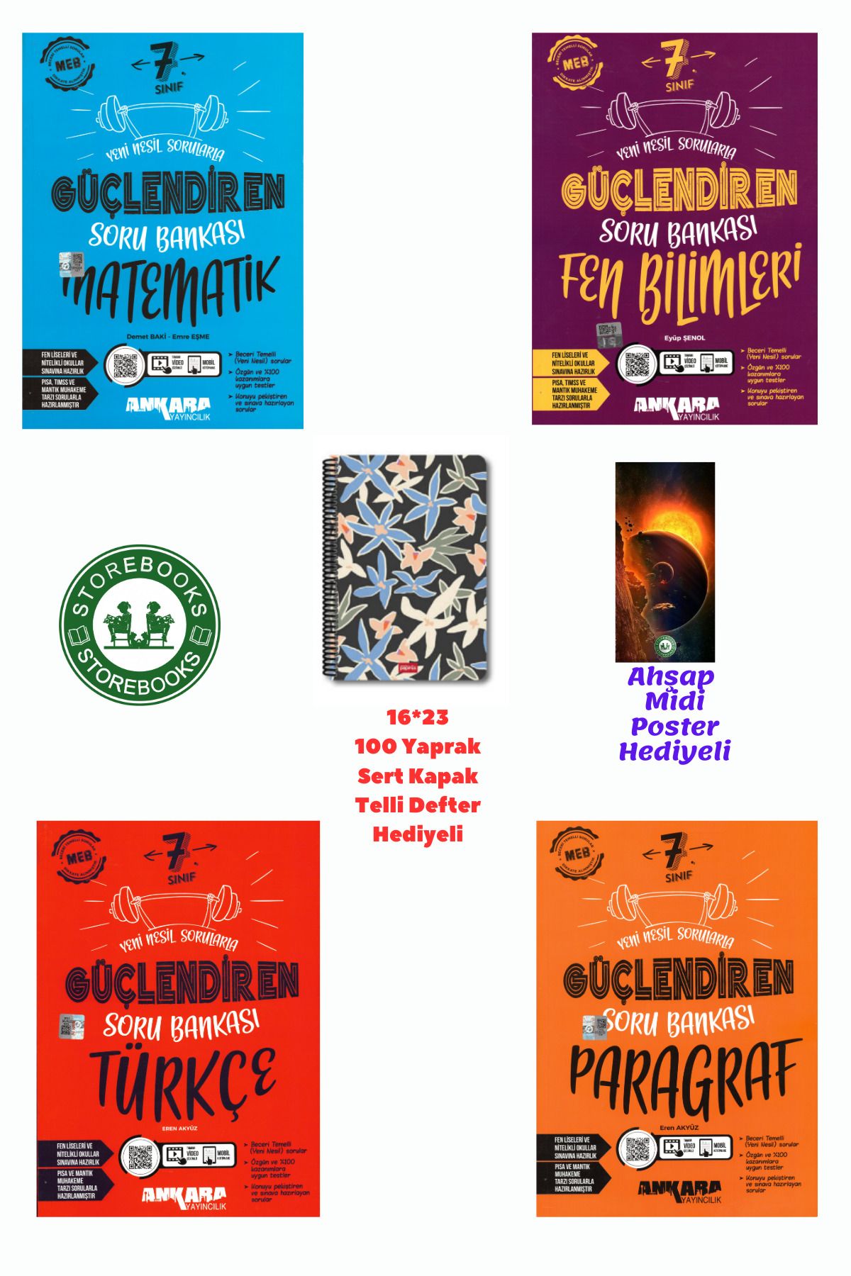 Ankara Yayıncılık 7. Sınıf Güçlendiren Matematik+Fen+Türkçe+Paragraf Soru Bankası Seti+Defter ve Ahşap Poster Hediyeli