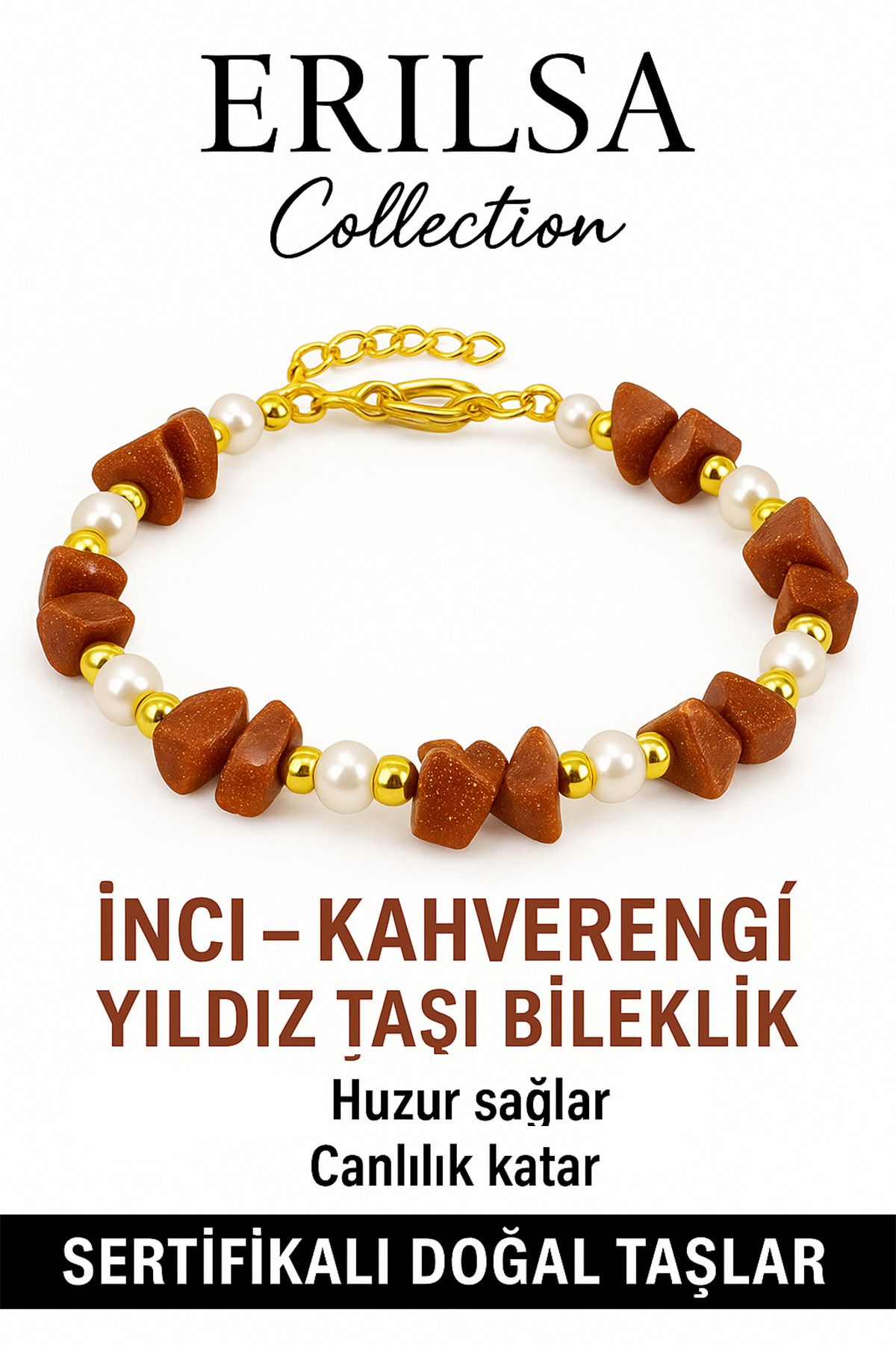 Erilsa Sertifikalı Kırık Taşlı Model İnci – Kahverengi Yıldız Taşı Bileklik – Koruma ve Şans Enerjisi